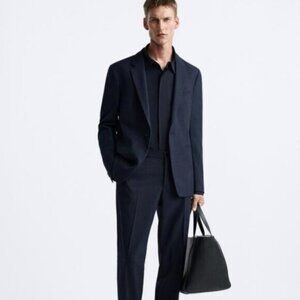 Zara Men’s Textured Navy Blue Neutral Minimalist Blazer & Pant Suit Size 42